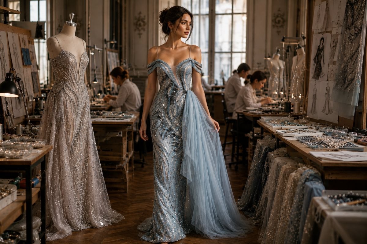 Hand sewn ice blue couture gown