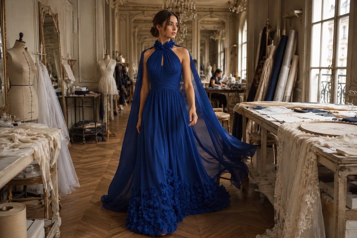Royal blue couture gown inside atelier