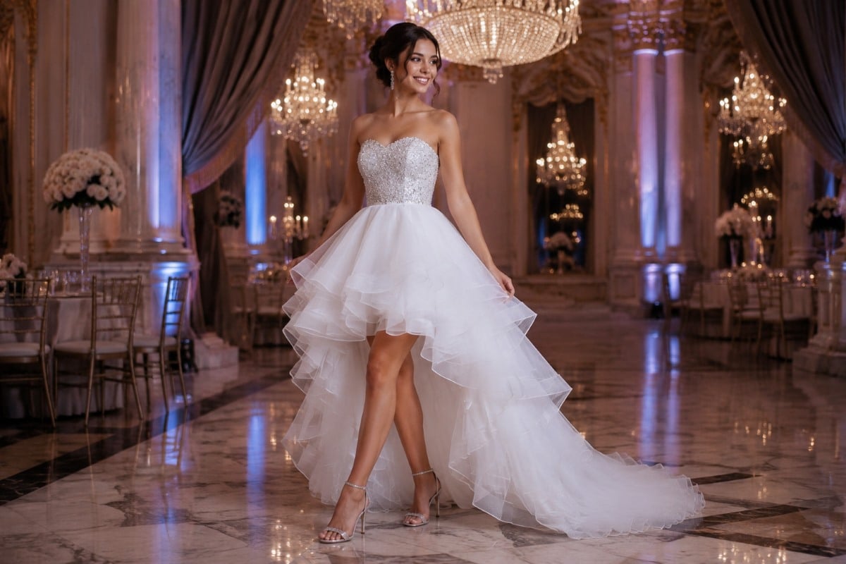High low Sweet 16 ball gown editorial
