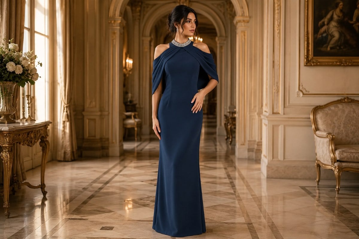 High neck formal gown with elegant updo hairstyle