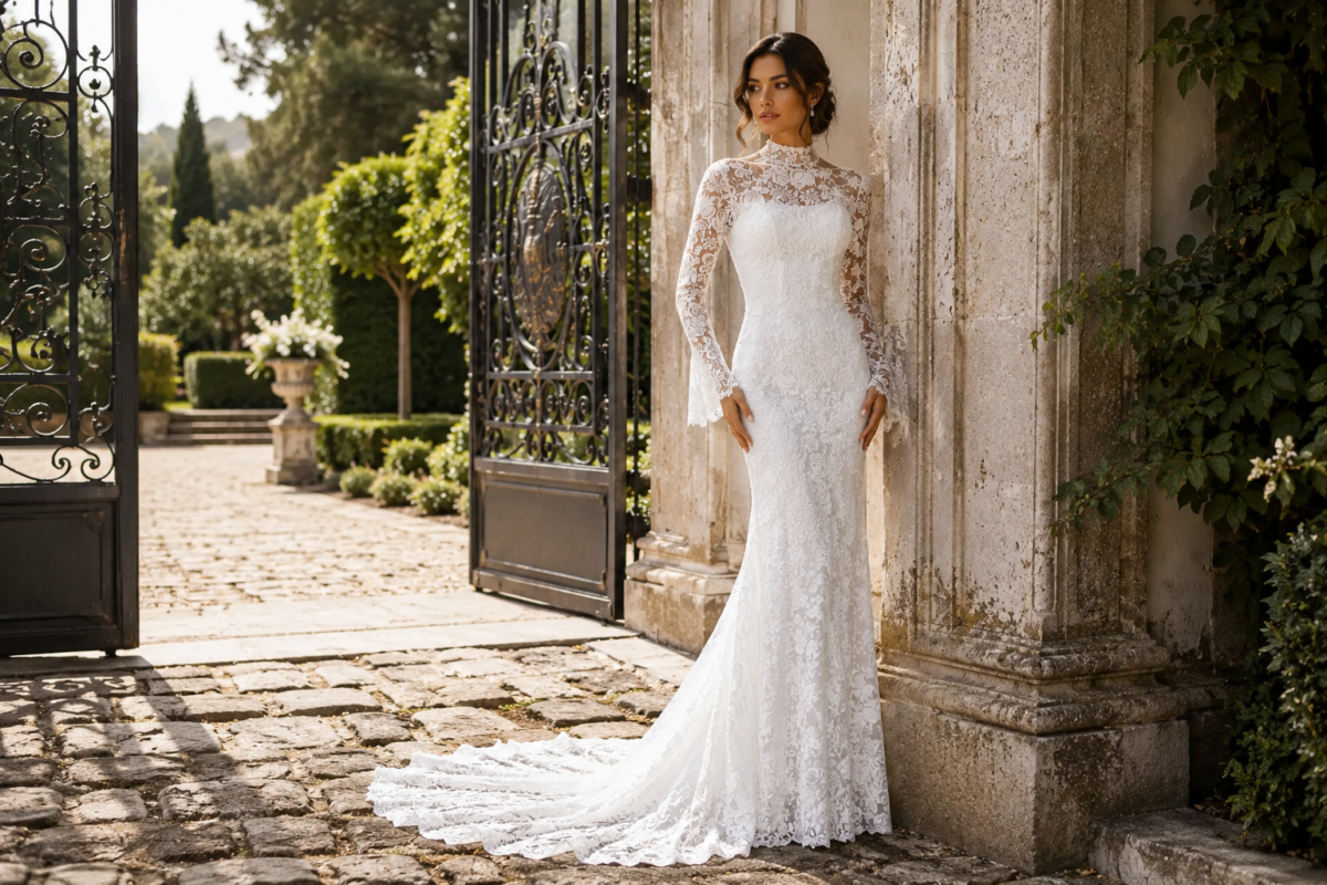 Bride in high-neck lace wedding gown with sheer sleeves