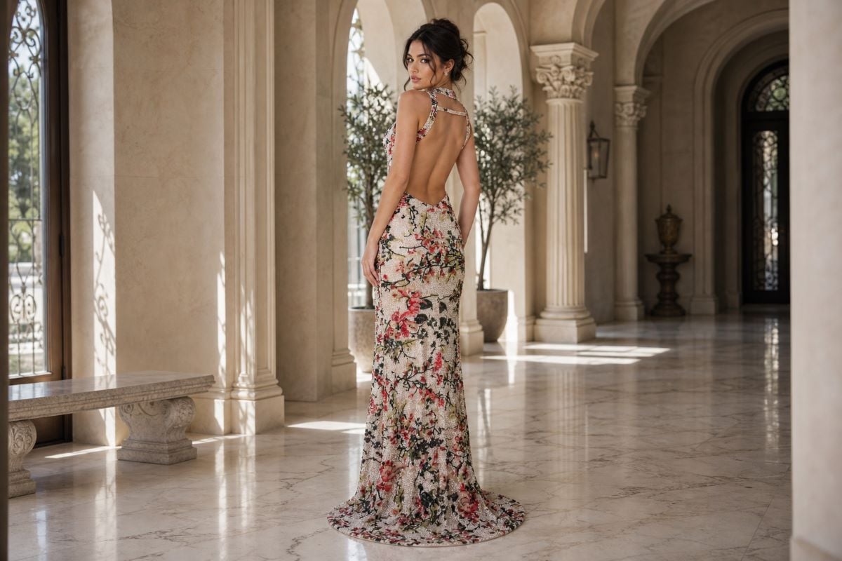 high neck front open back floral fitted prom gown