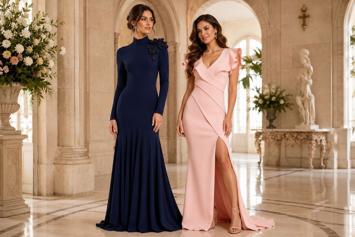 High neck and v-neck mother of the bride gowns comparison