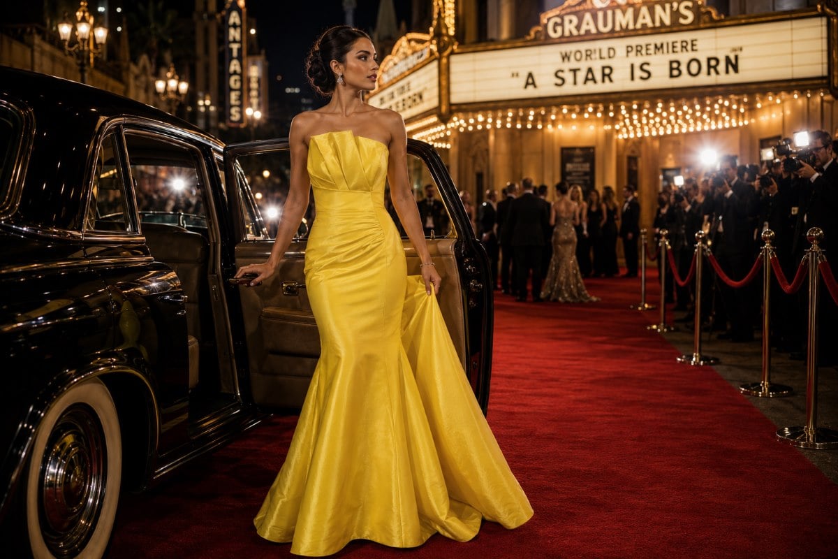 Yellow Hollywood premiere mermaid evening gown