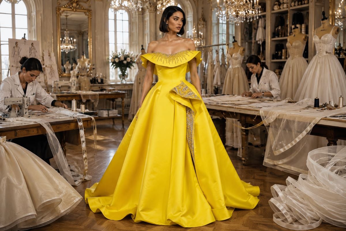 Horsehair braid couture yellow ball gown