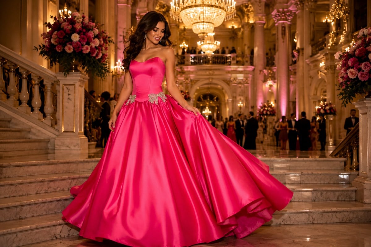Hot pink ball gown prom entrance