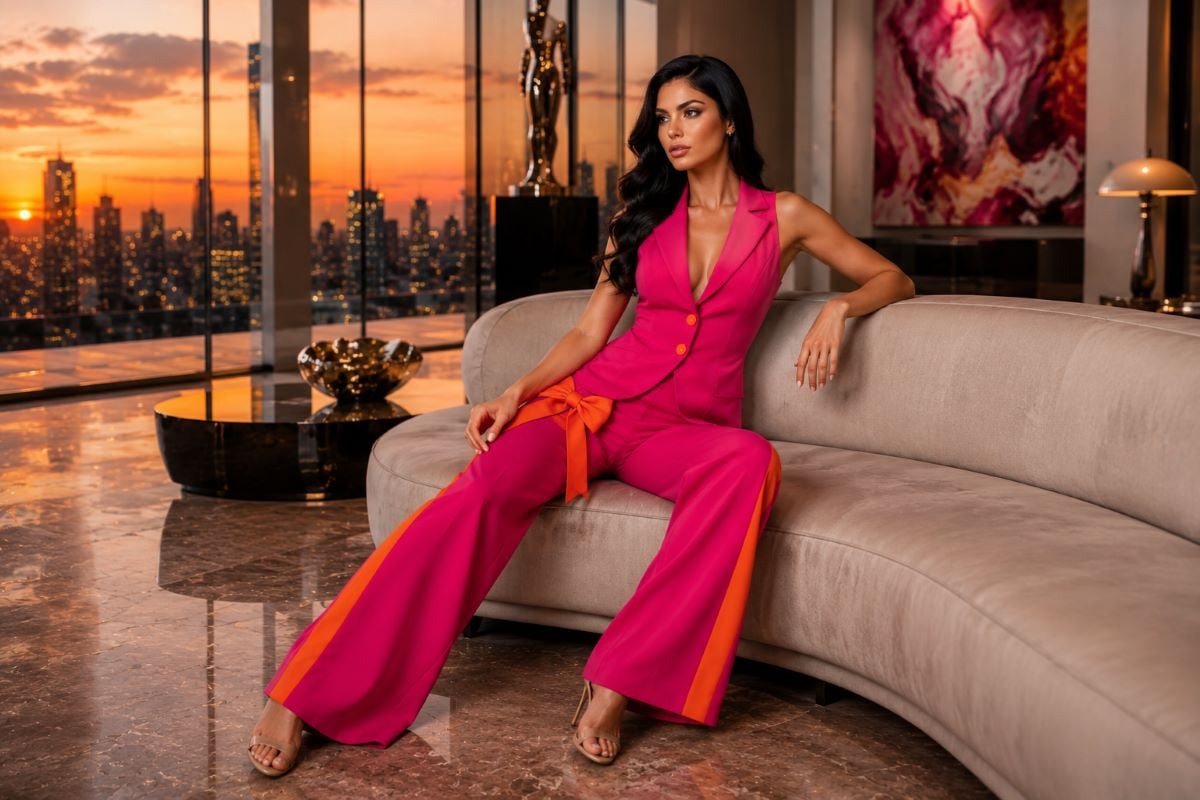 Hot pink contemporary evening suit with wide leg pants