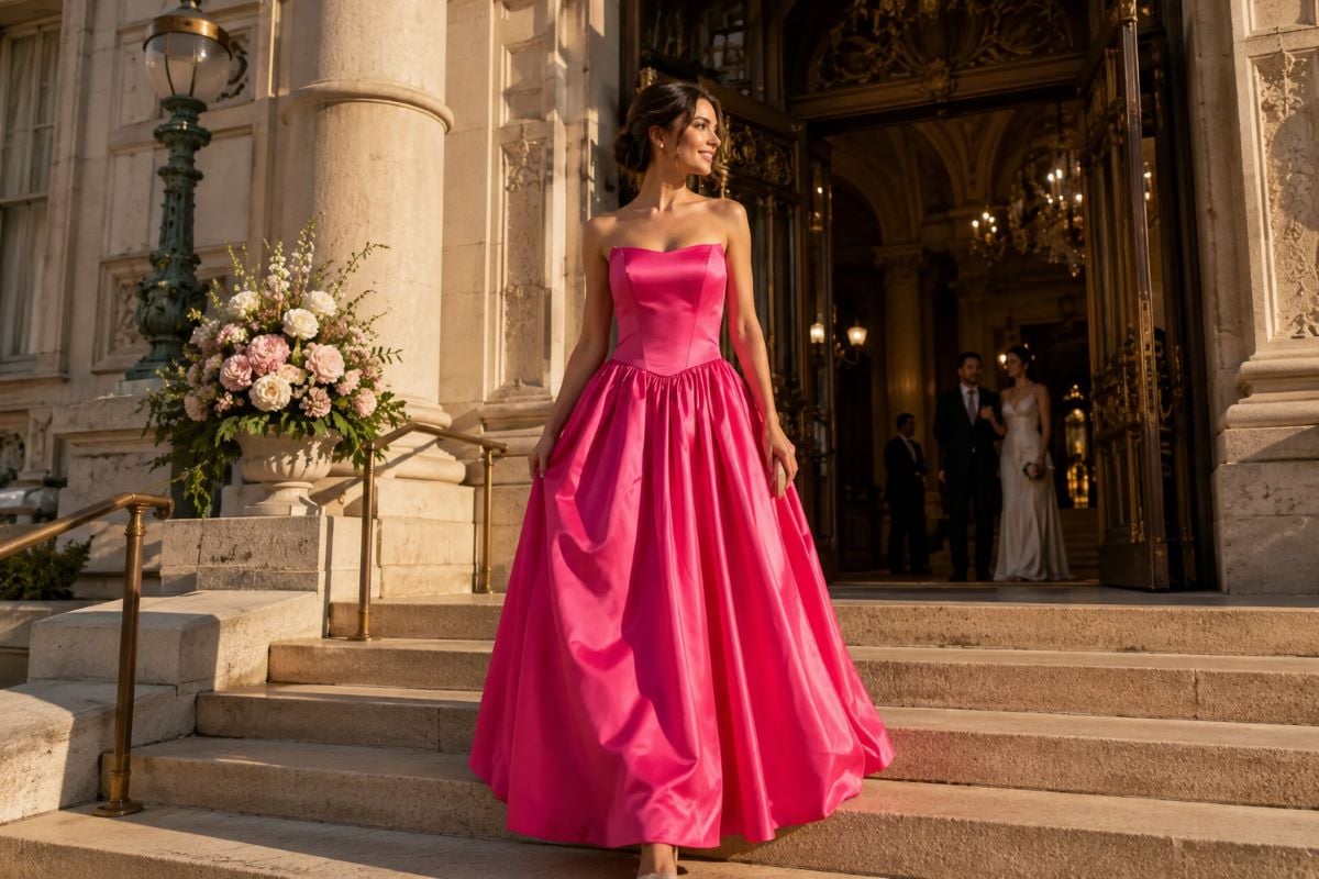 Hot pink courthouse wedding guest dress