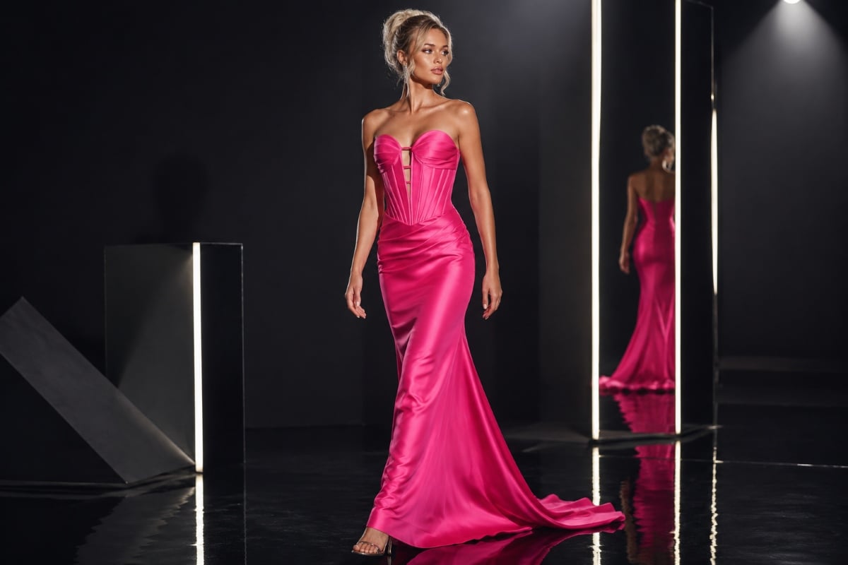 Hot pink column gown with detachable train