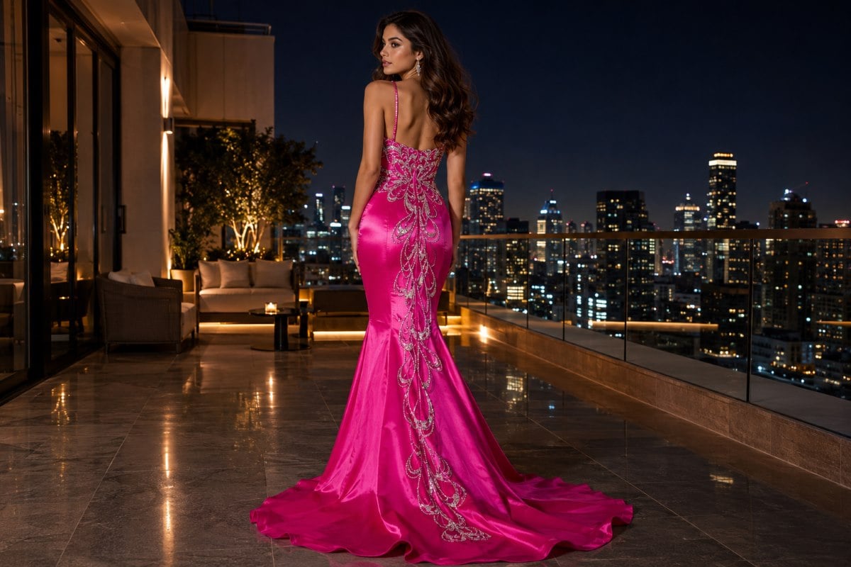 hot pink embellished mermaid evening gown