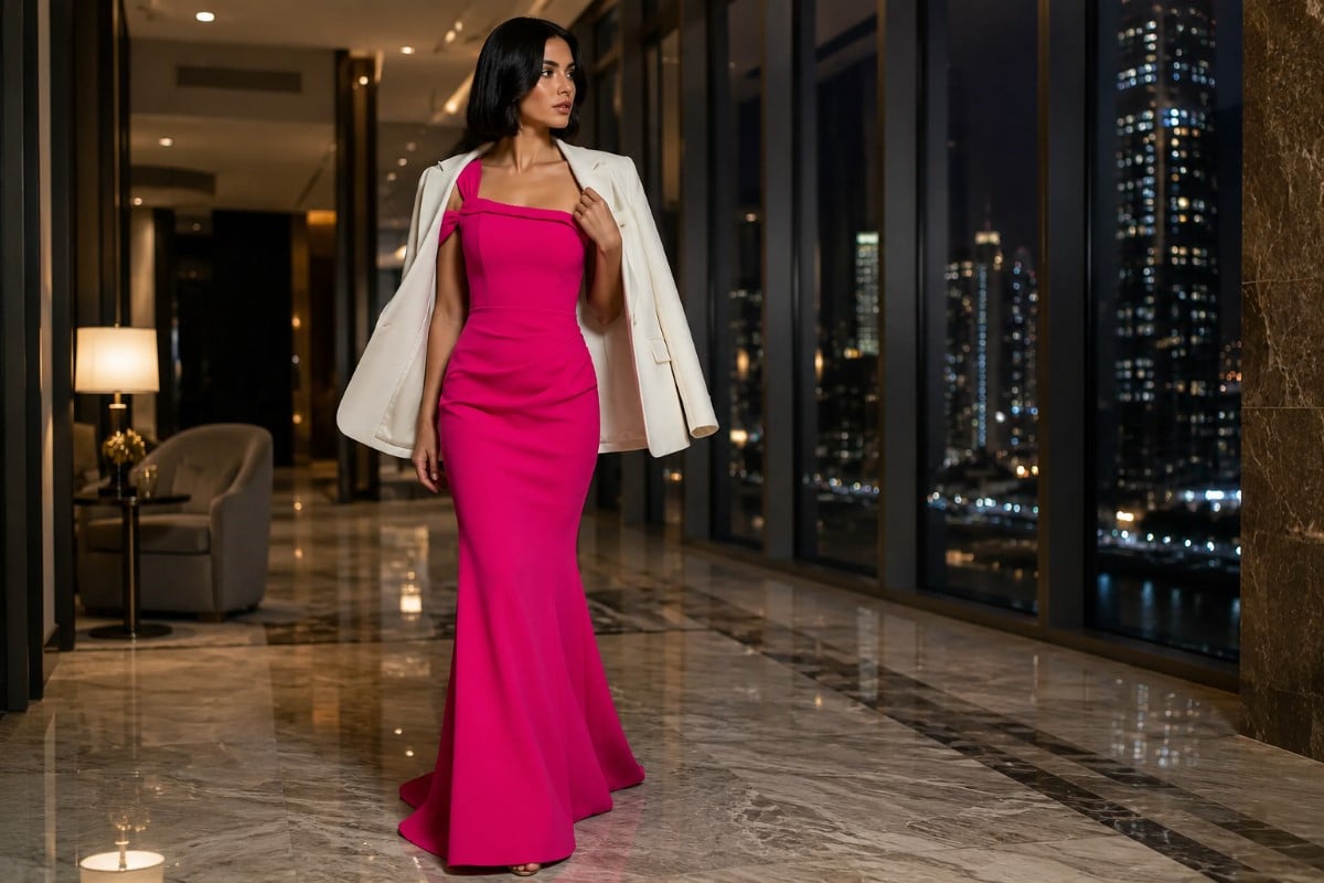 Woman in pink evening gown with tailored blazer