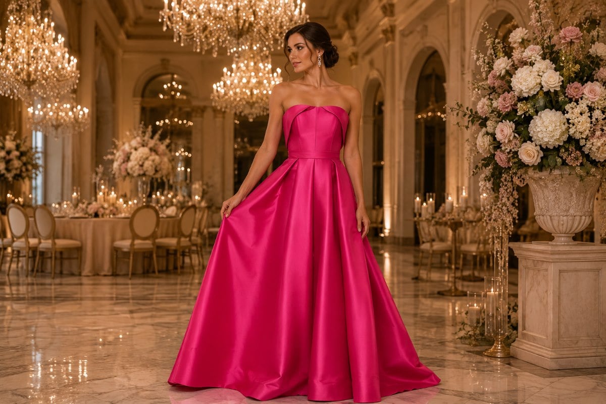 Hot pink fit and flare evening gown