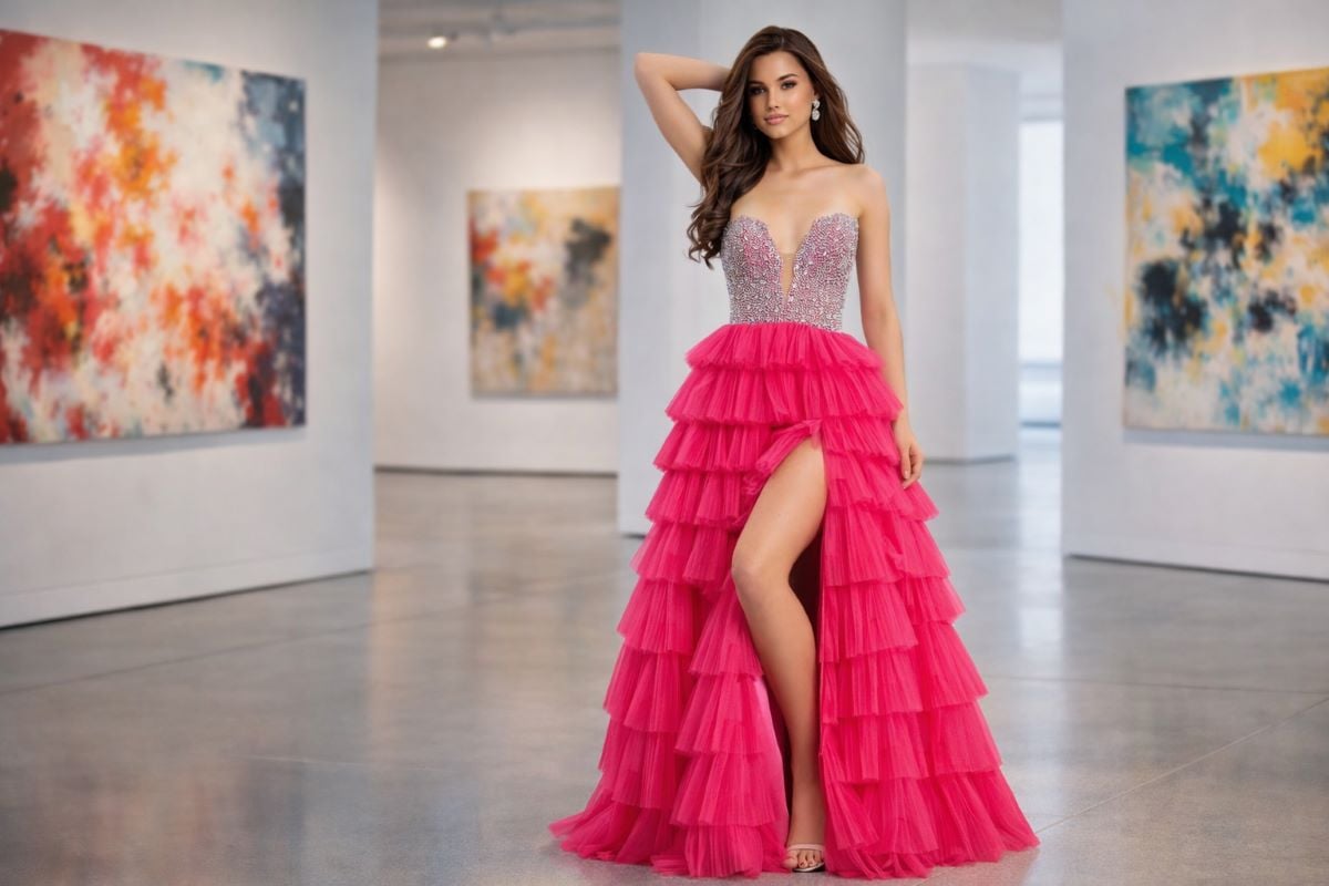 hot pink layered prom dress with slit in gallery