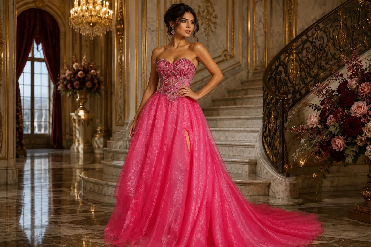 Hot pink embellished maximalist prom gown