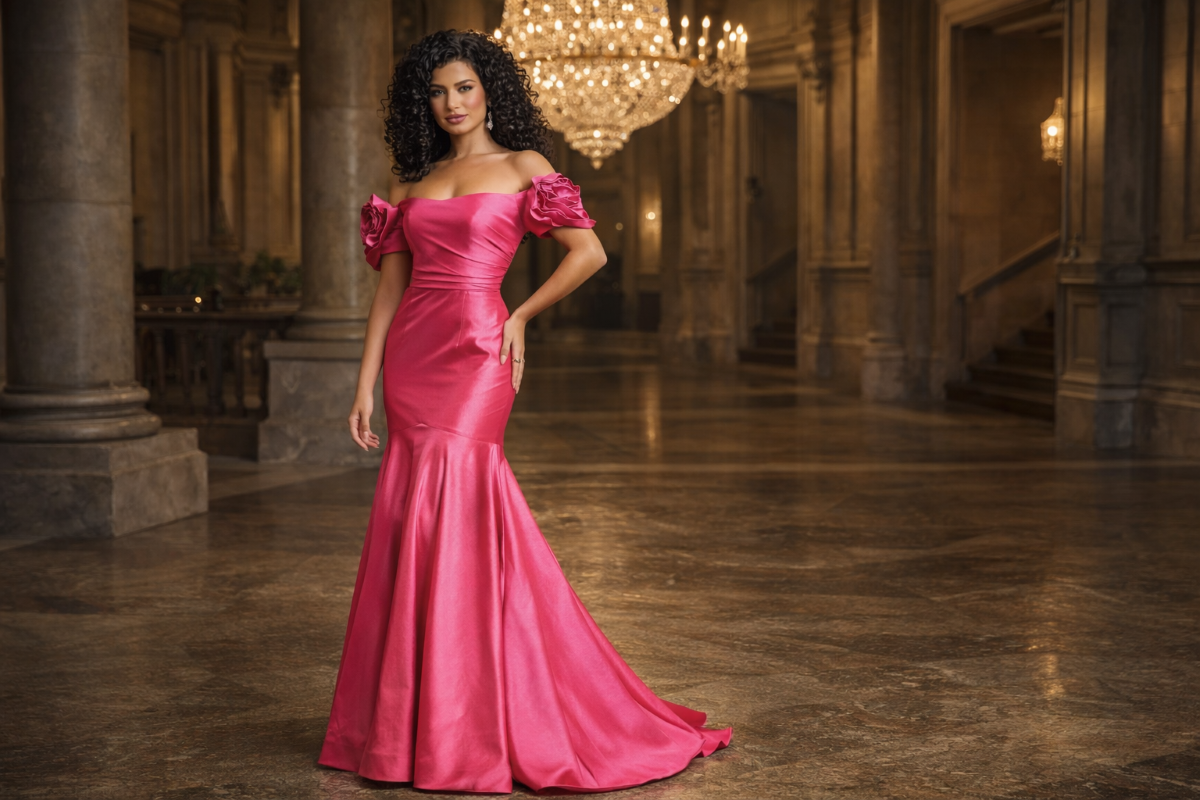Hot pink off-shoulder mermaid evening gown in a luxury classical hall