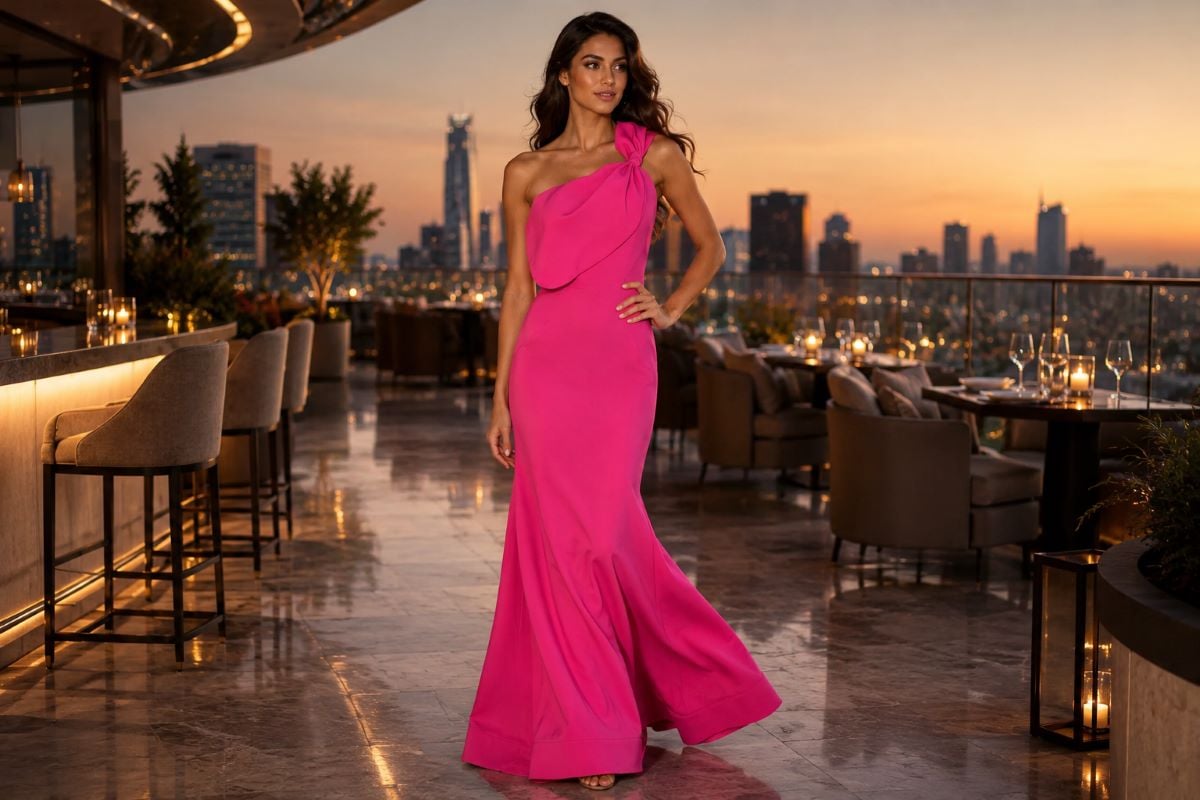 Hot pink one-shoulder long cocktail dress on rooftop terrace