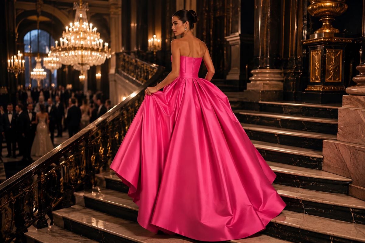 Hot pink satin ball gown at luxury gala entrance