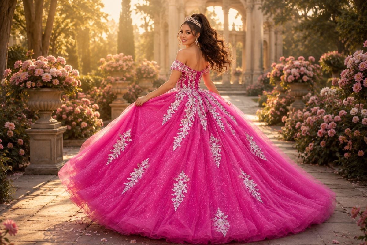 Hot pink royal quinceañera ball gown in enchanted garden