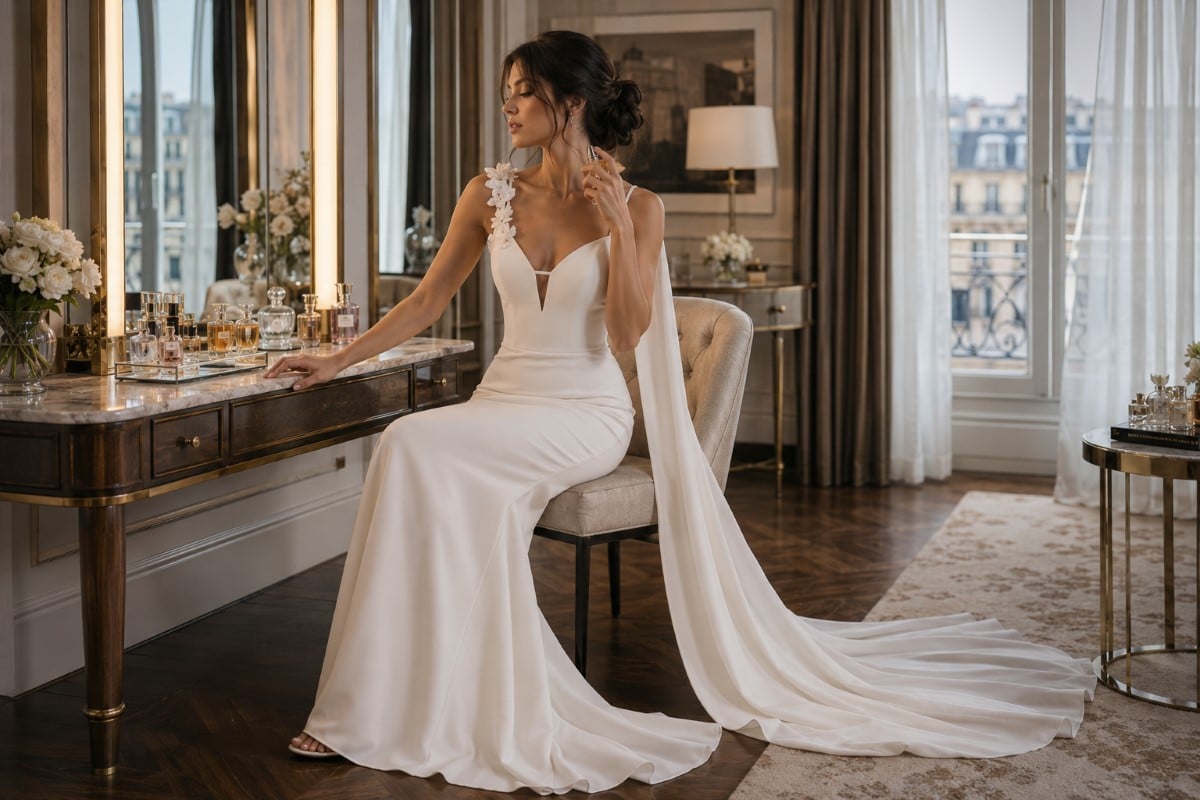 Ivory formal gown applying perfume before event