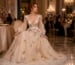 Woman seated gracefully in floral evening gown