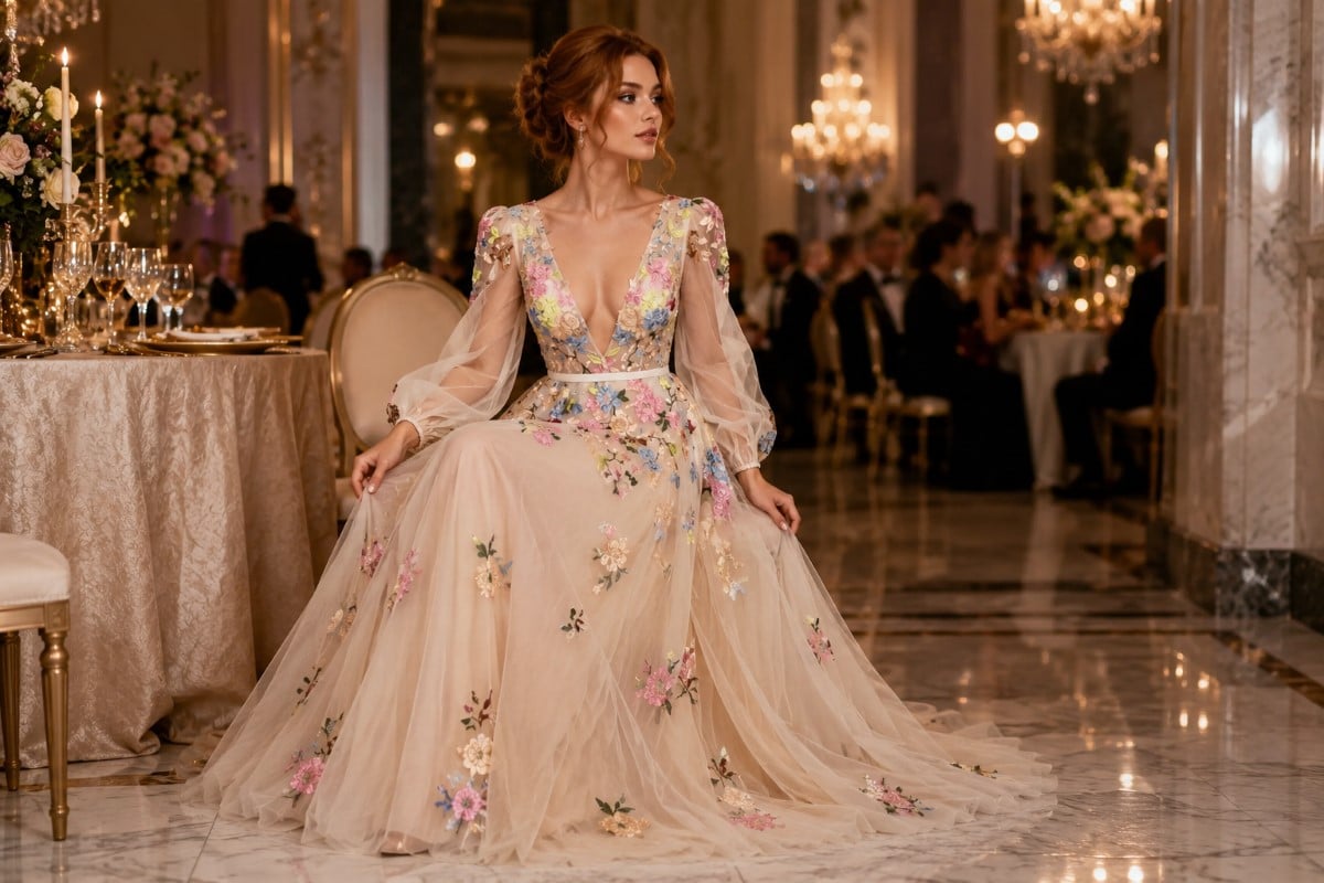 Woman seated gracefully in floral evening gown