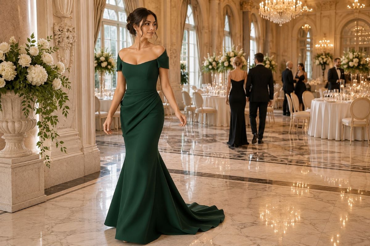 Hunter green formal wedding guest gown