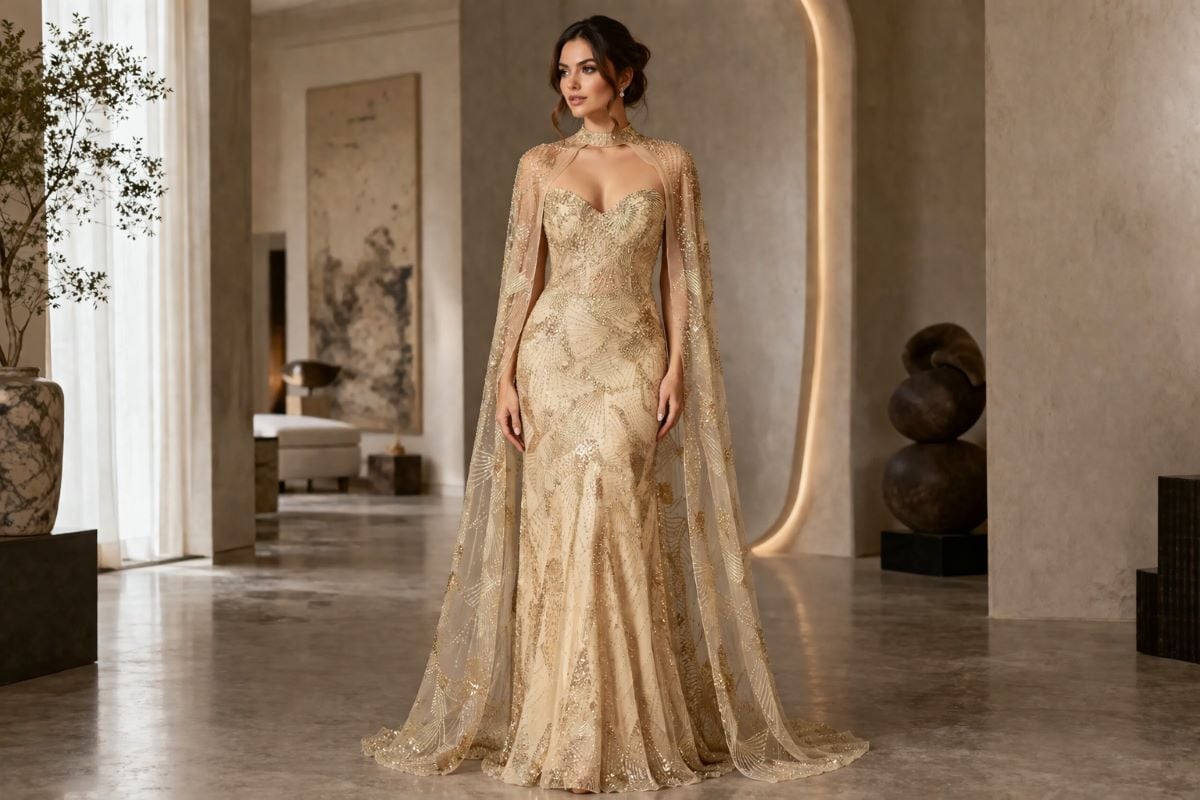 Hybrid mother of the bride gown with structured bodice and sheer cape