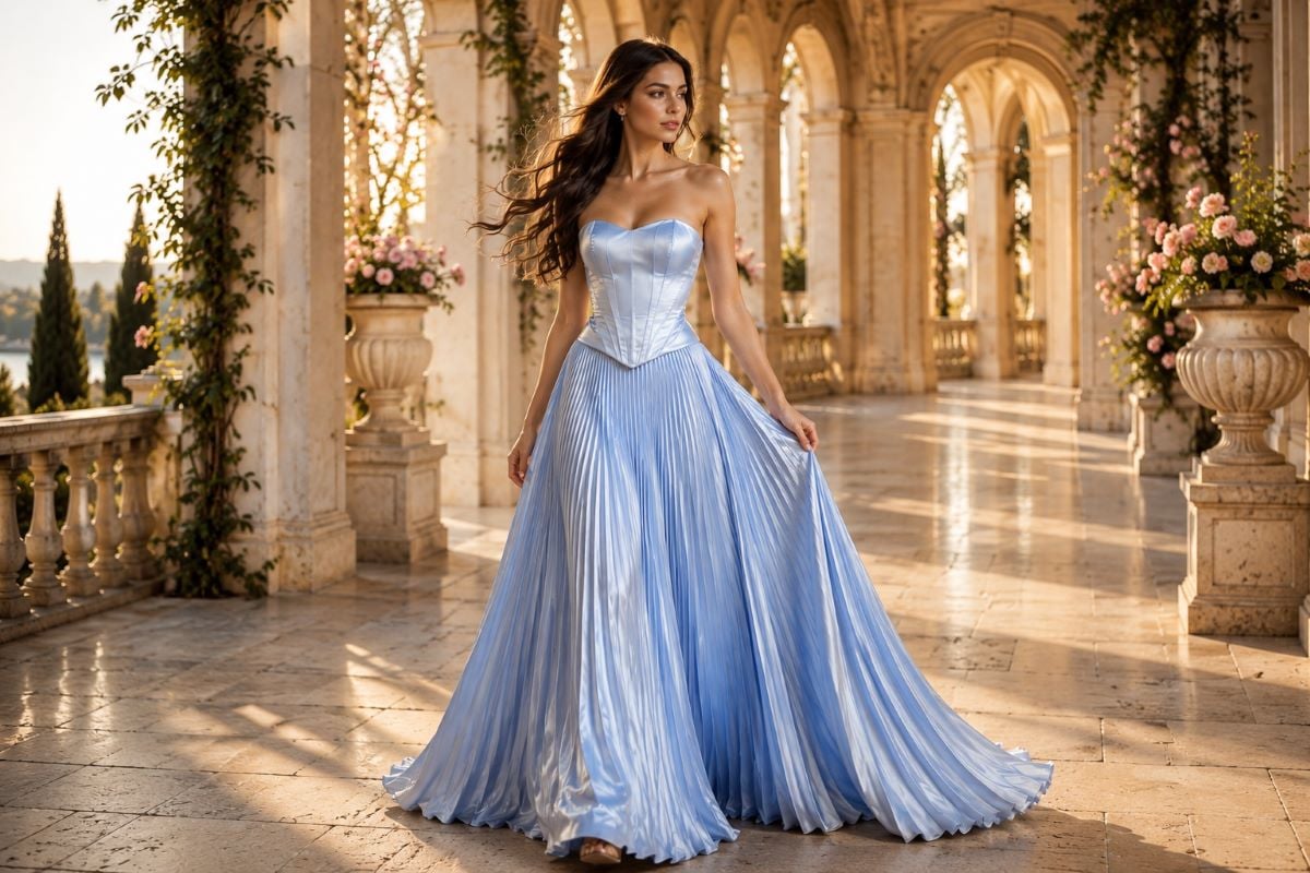 Ice blue corset gown with pleated full skirt