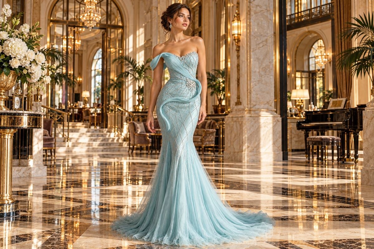 Ice blue embellished editorial evening gown
