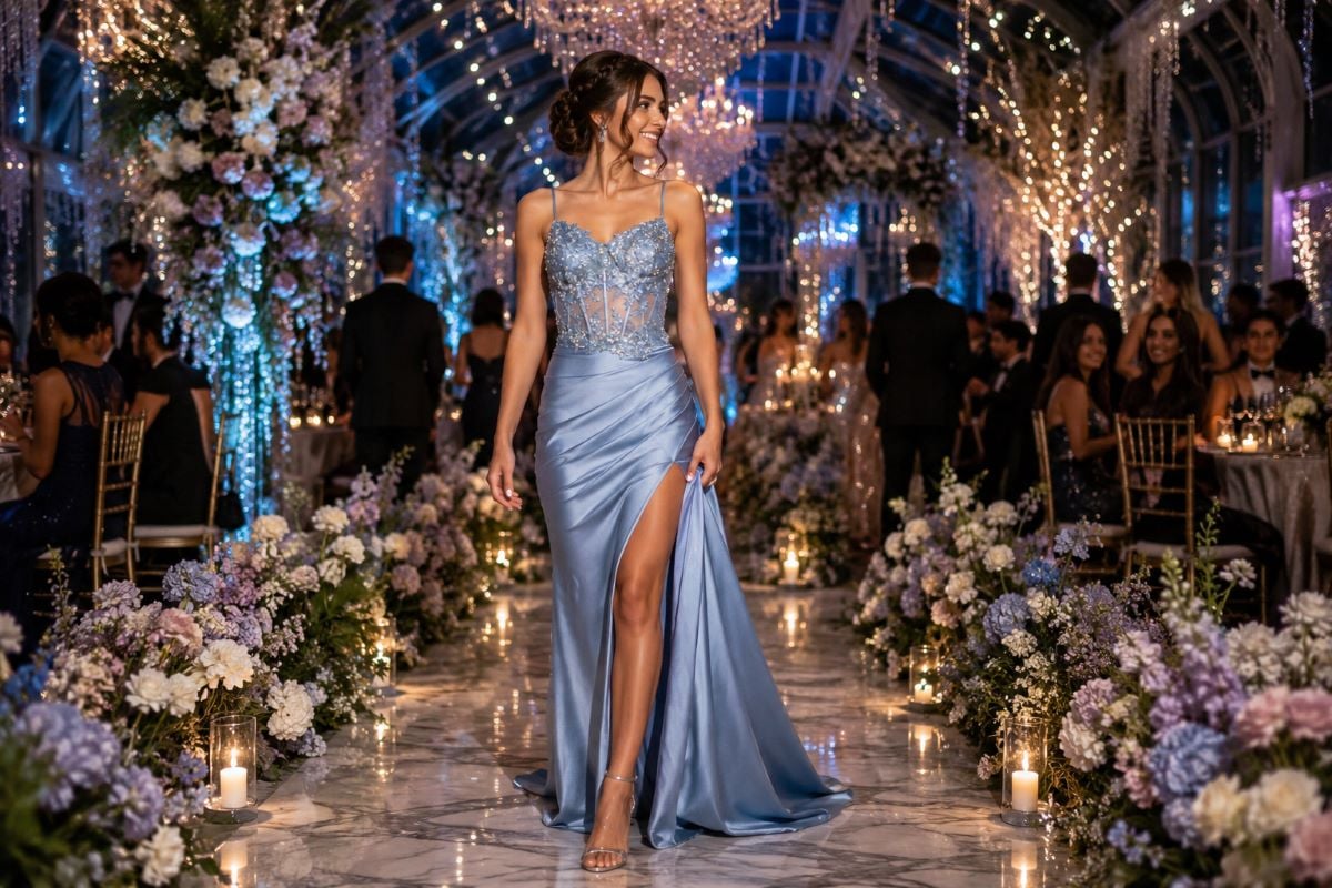 Ice blue embellished prom gown entrance