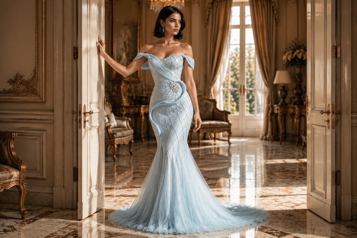 Ice blue crystal mermaid evening gown
