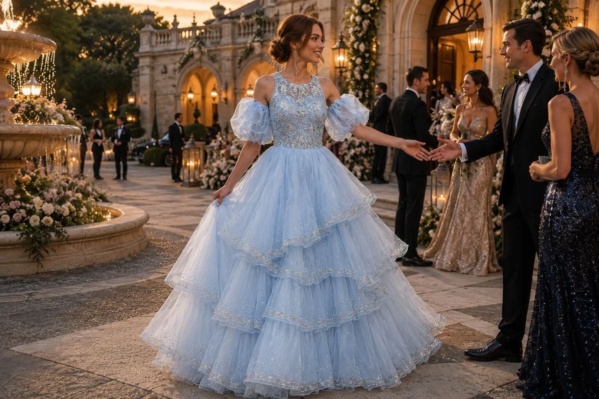 Ice blue puff sleeve formal gown