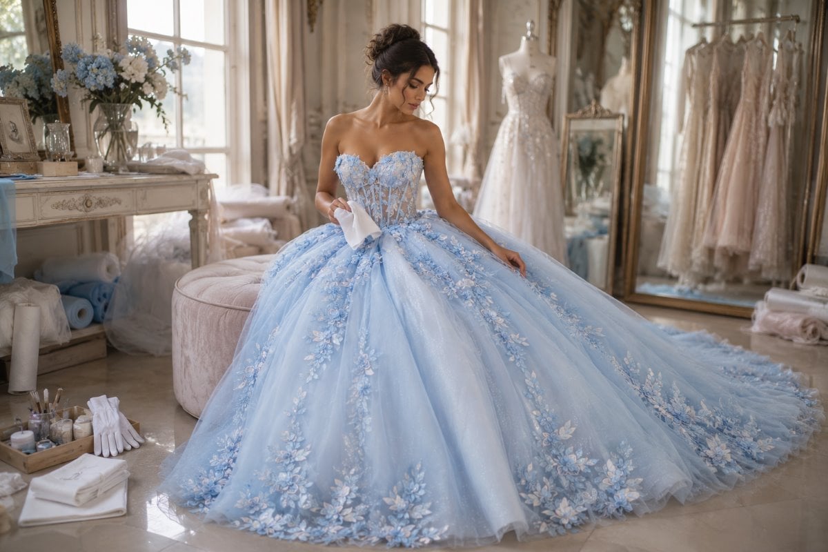 Ice blue quinceañera gown careful stain handling