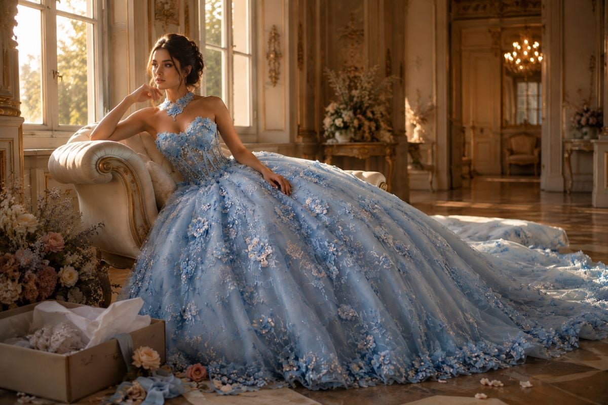 Ice blue quinceañera gown after celebration care