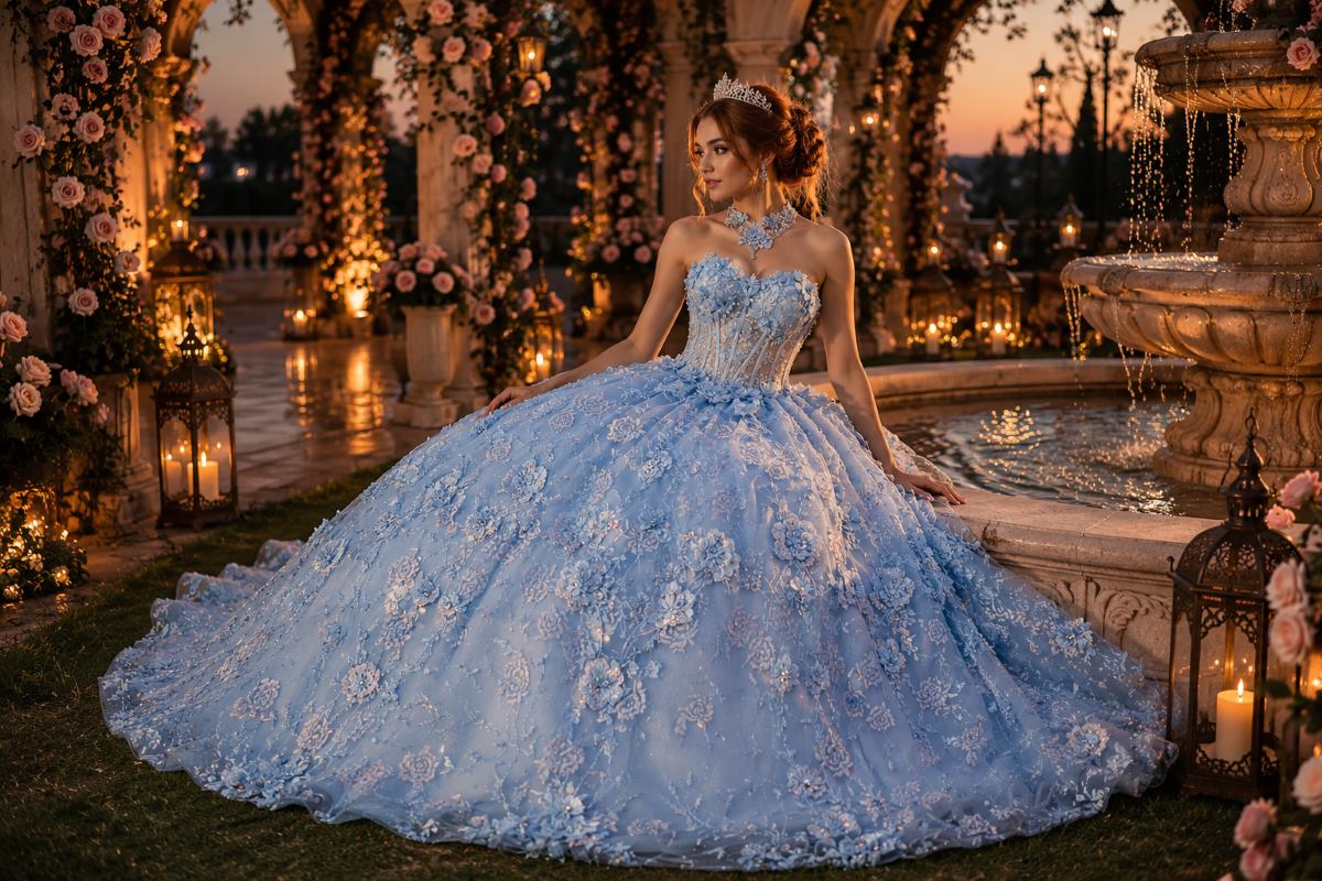 Icy blue floral quinceañera gown beside hacienda fountain