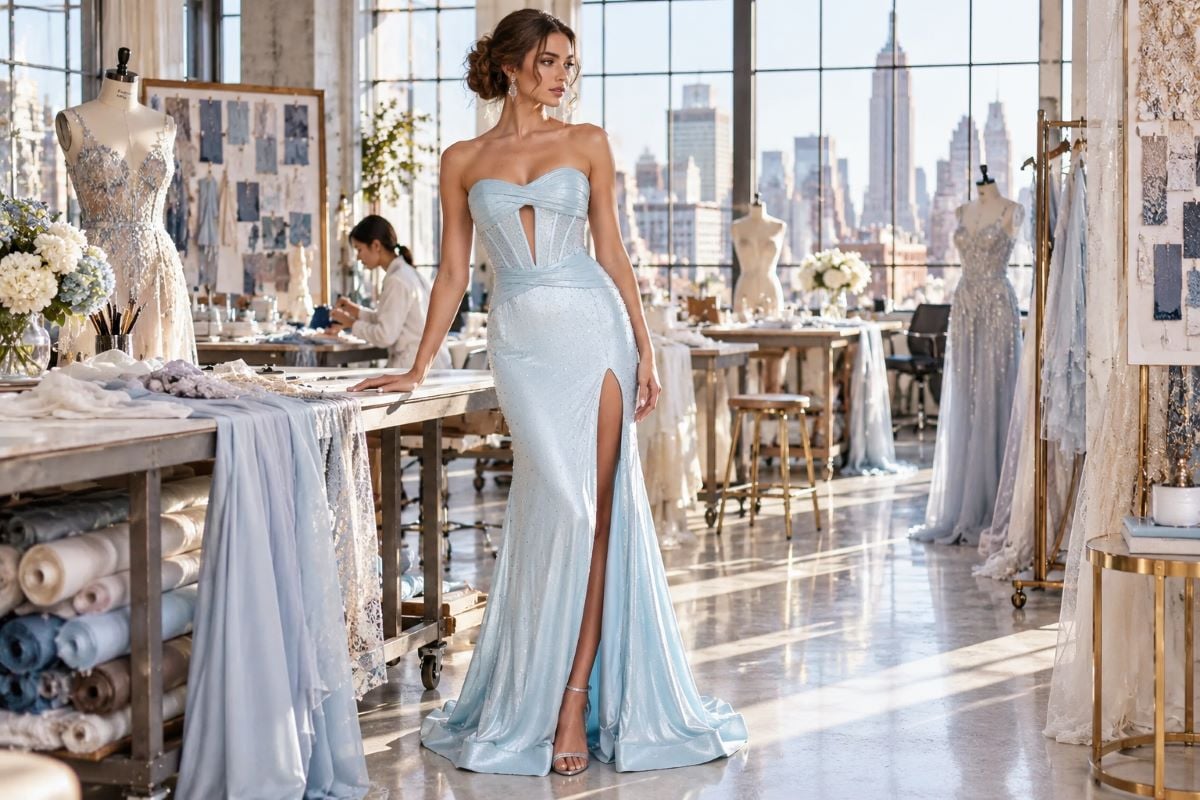 Icy blue couture gown fashion atelier