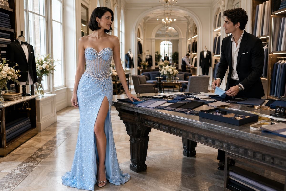 Icy blue crystal prom gown fitting