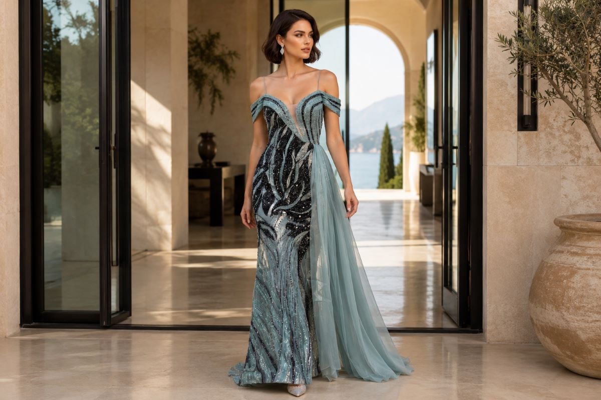 Icy blue embellished gown with chiffon overskirt