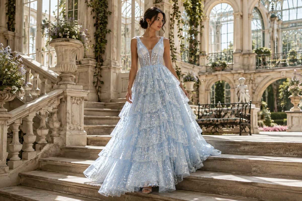 Icy blue layered flowy evening gown