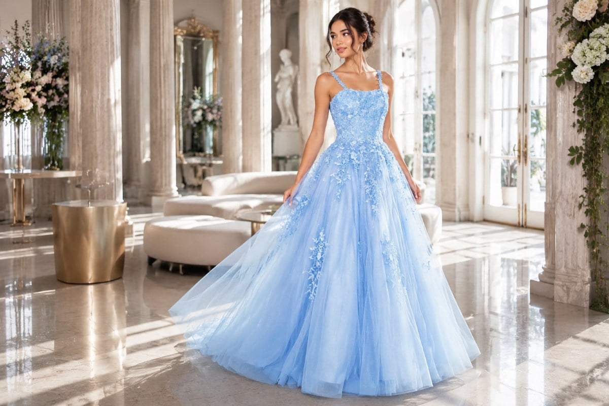 Icy blue Sweet 16 floral gown editorial