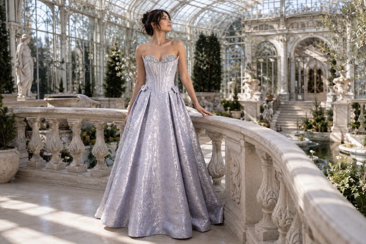 Icy silver metallic brocade corset gown