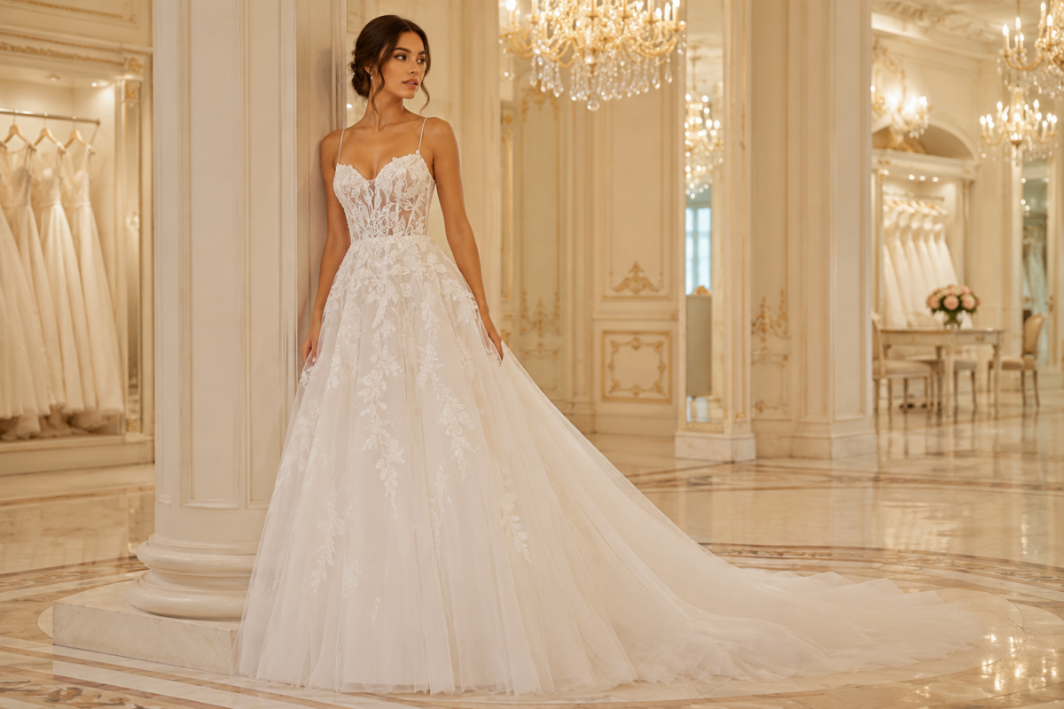 Bride in illusion bodice A-line wedding gown with floral appliqué