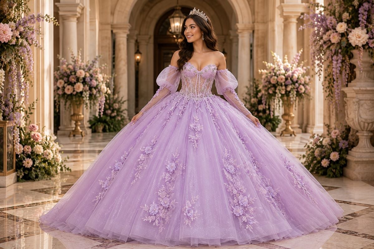 Lavender quinceañera gown with illusion corset neckline