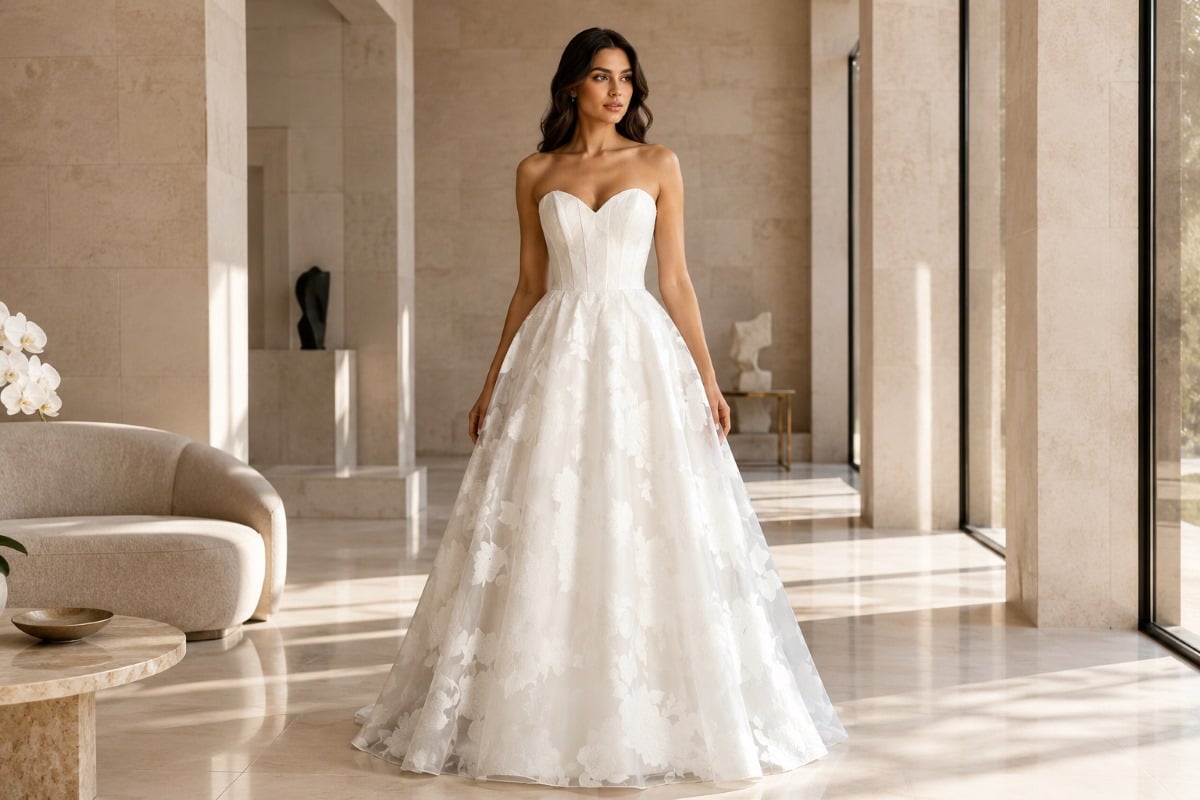 Structured floral A-line convertible evening gown