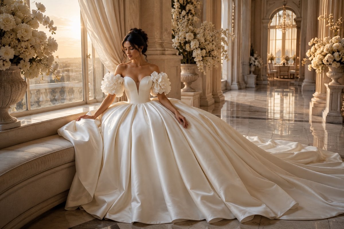 Luxury ivory ball gown bridal dress with dramatic silhouette