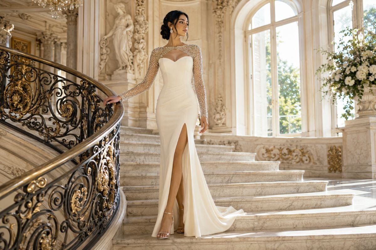 Ivory beaded illusion sleeve evening gown