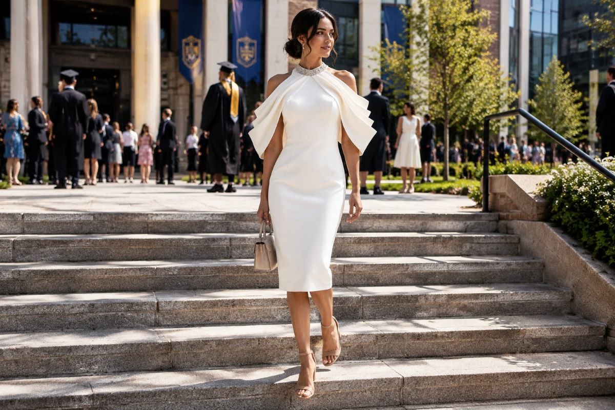 Ivory cape sleeve graduation guest dress