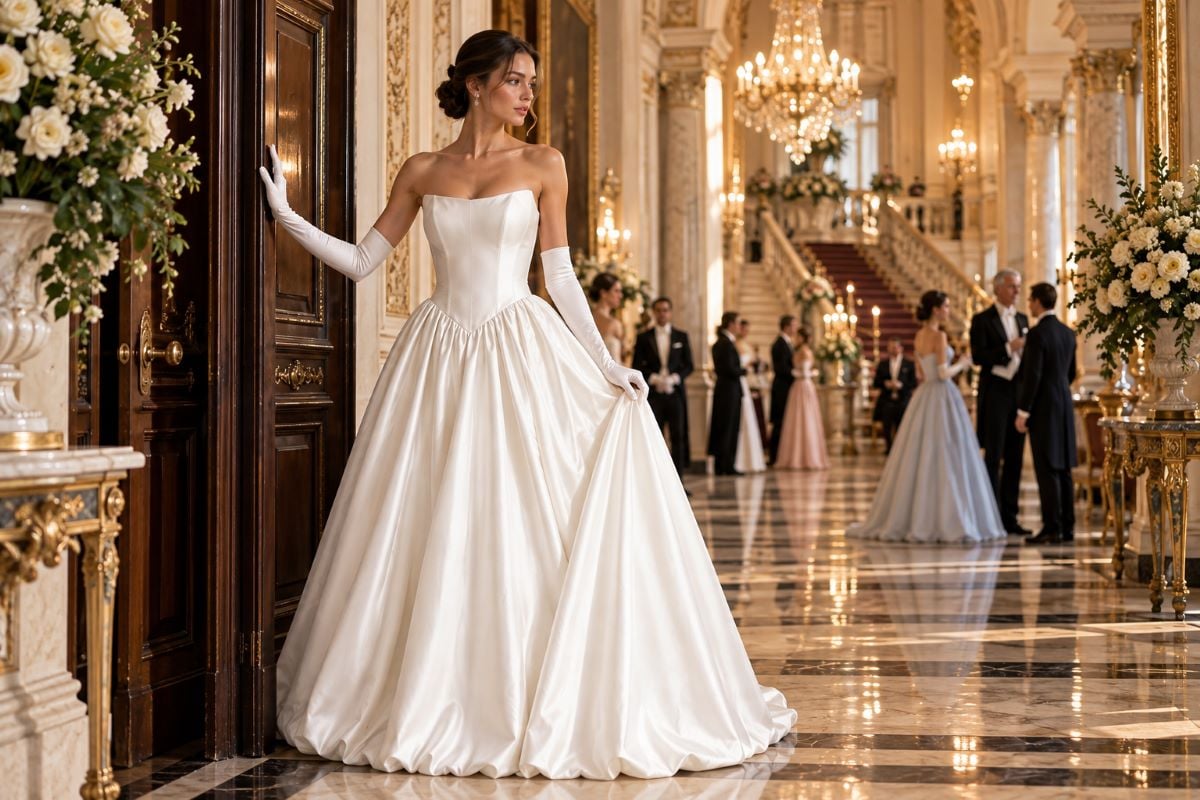 Ivory cotillion gown with opera gloves