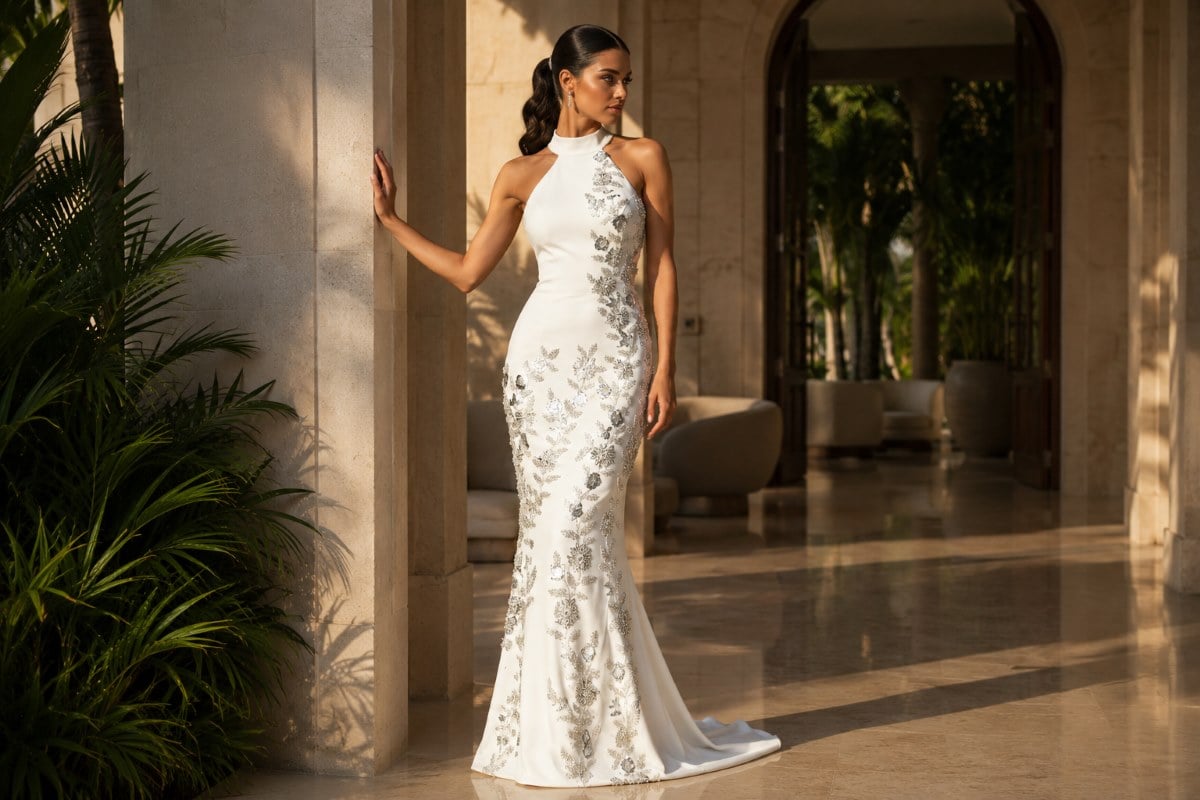Woman wearing ivory embellished halter mermaid gown