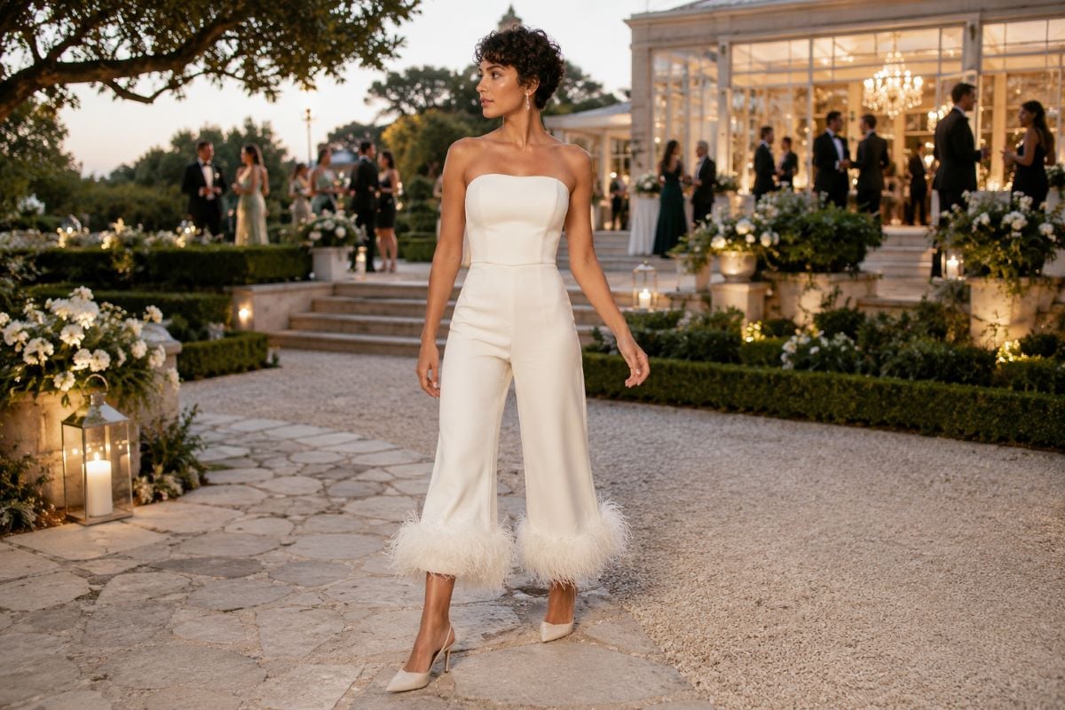 Ivory feather jumpsuit for outdoor black tie
